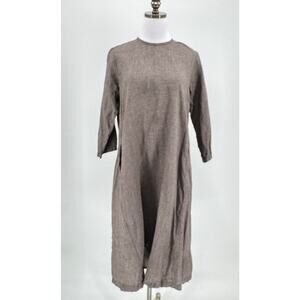 Muji Gray Woven Linen Relaxed Boho Minimalist 3/4 Sleeve Midi Shirt Dress Sz M